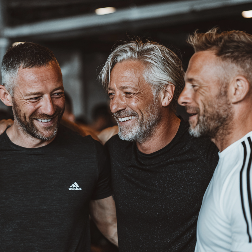 Group of middle-aged men supporting each other in fitness journey