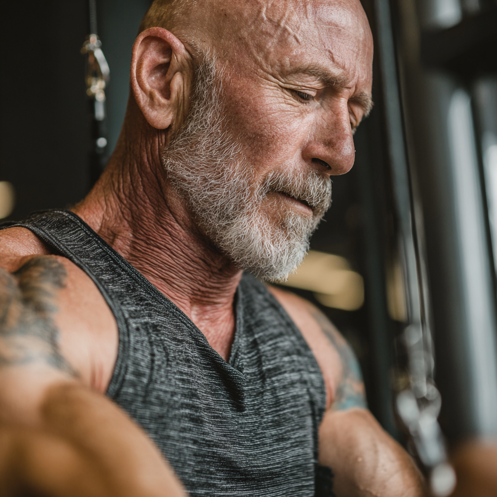 Middle-aged man training with focus and determination